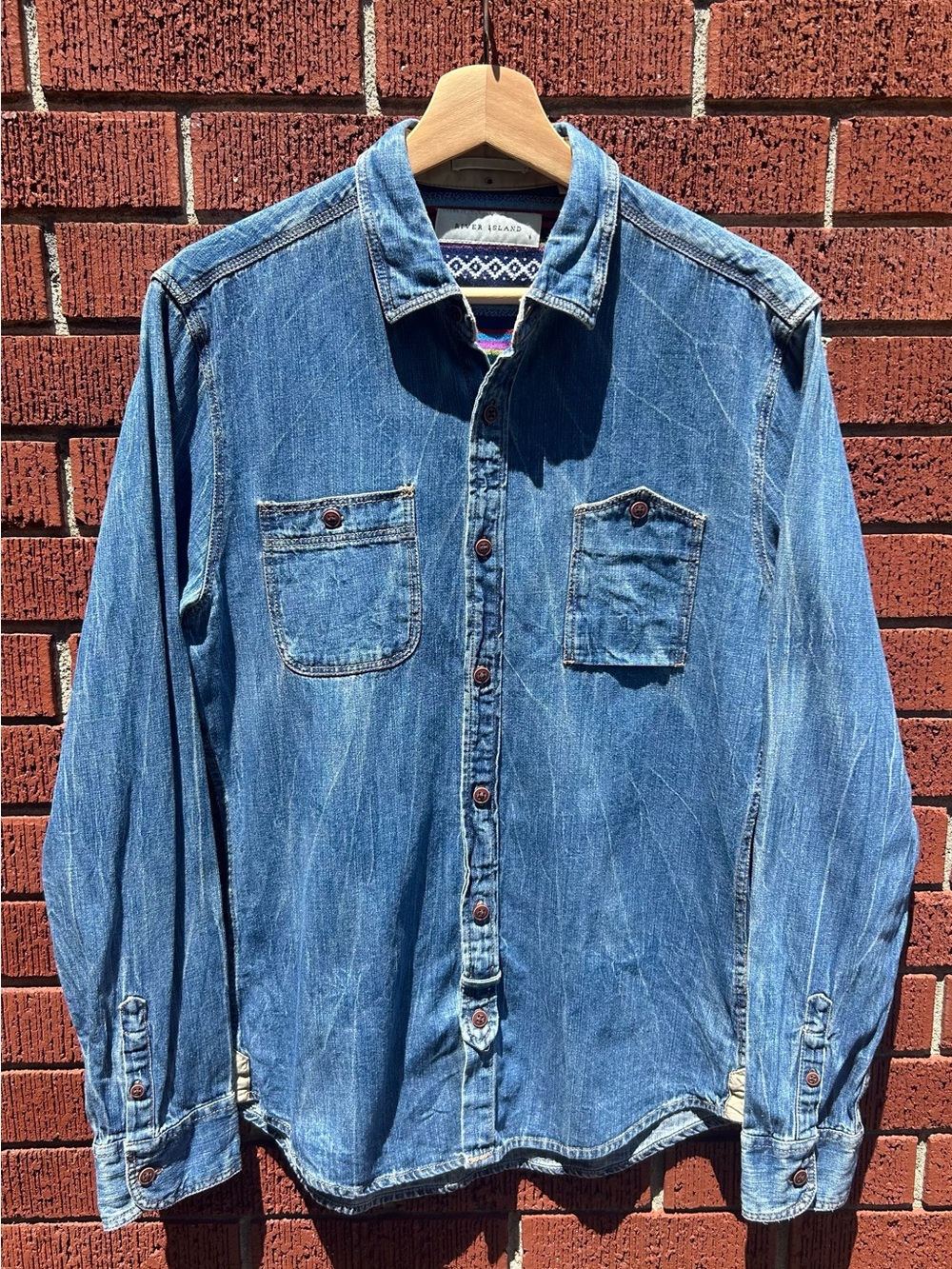 River Island Denim Button Up Shirt Men’s Small Blue Chambray Western